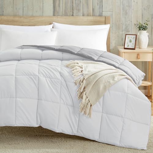 Image of Homelike Moment Queen Lightweight Comforter Duvet Insert Down Alternative Bed Comforters with Corner Tabs, All Season Full Size Blanket Reversible Comforter White /Light Grey