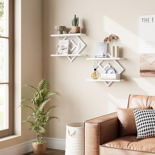 Image of ELYKEN Floating Shelves for Wall, Set of 2 Hanging Shelves, 2-Tier Wall Mounted Storage Shelves for Books & Decor, Perfect for Living Room, Bedroom, Kitchen, Home Office, Study, White