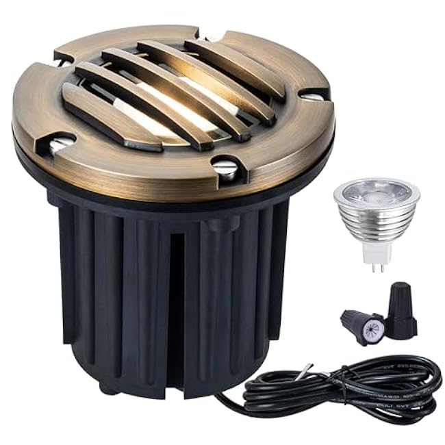 LumStory Brass Well Light Low Voltage Landscape Lighting 12V LED Landscape Lights, Outdoor In-Ground Light with 5W MR16 GU5.3 Bulb 3000K Warm White, for Path, Yard, Deck, Driveway, Garden (Grated Top)