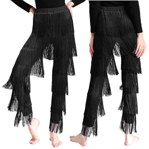 Riismen Women's Latin Dance Pants Tiered Tassel Fringed Ballroom Dance Costume for Prom Party Salsa Rumba Black M
