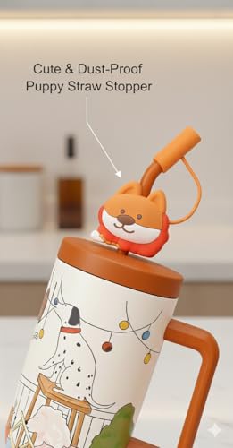Image of Insulated Tumbler Large Travel Mug Sipper with Handle and Straw, Dog Adventure Print Design, Spill-Proof Lid with Silicone Animal Stopper, Reusable Straw, 1200ML - Pack of 1