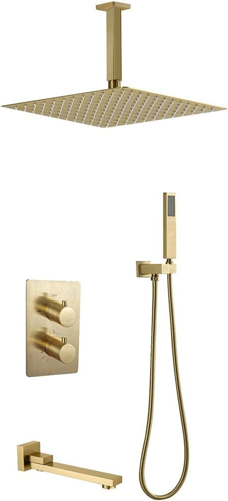 Mitigeur thermostatique de salle de bain et douche effet pluie or brossé