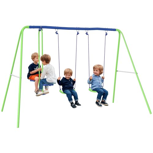 Outsunny Schaukelgestell Kinderschaukel mit Wippe, 2 Schaukeln, Gartenschaukel mit verstellbarem Seil, Metallgestell Outdoor Schaukelgerüst für Kinder, Grün