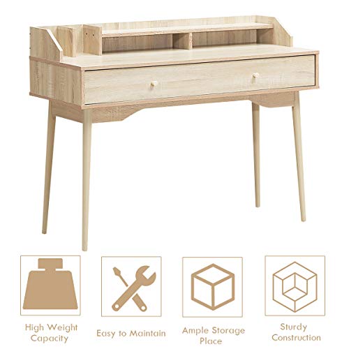 Tangkula Mid Century Desk With Storage Drawer, Writing Study Computer Desk With Hutch, Wooden Study Table Pc Workstation, Home Office Desk Kid’s Desk For Bedroom (Natural) #TOP5