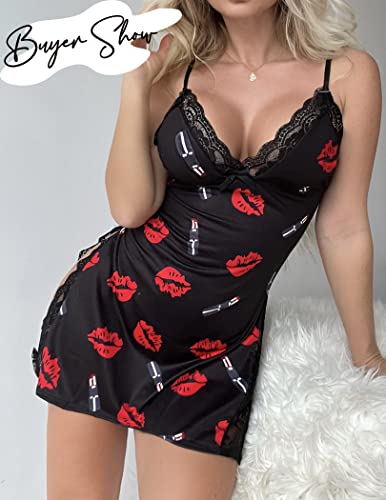 Avidlove Womens Sleepwear Black Lingerie Sexy Nighties For Women Baby Doll Lingerie Red Lips L #TOP1