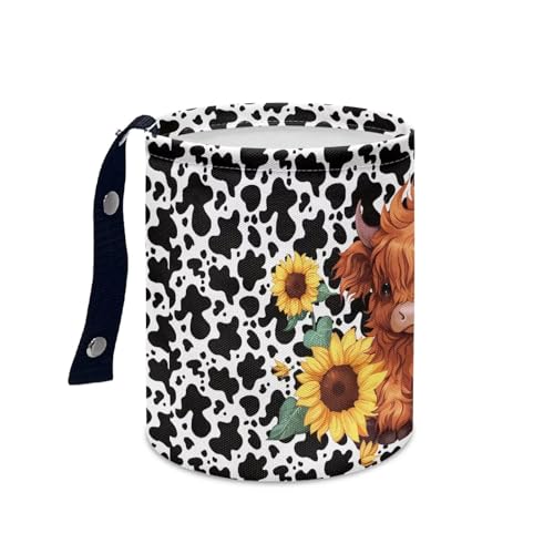 Image of Renewold Car Trash Can with Highland Cow Sunflower Print, Waterproof Car Garbage Can with Button Straps, Foldable Trash Bag Bin, Multipurpose Storage Box for Trip Camping Beach, Birthday Festival Gift