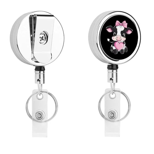 Black & White Cow Holding Heart Retractable Badge Holder Metal ID Name Holder Key Ring with Belt Clip