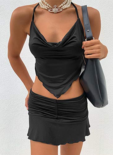 Meladyan Women Cowl Neck Spaghetti Strap Halter Bandana Crop Cami Lace Up Backless Strappy Hanky Cropped Vest Tank Tops (Small, Black) - Image 3