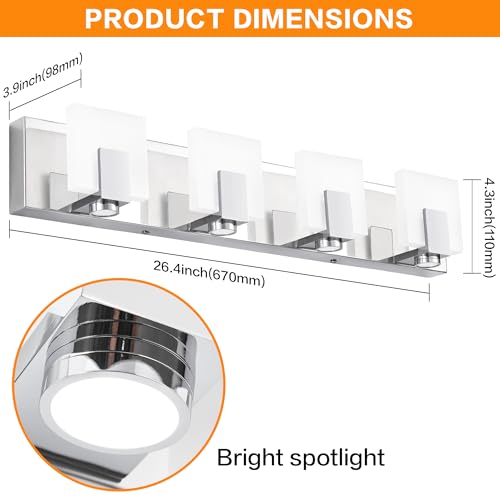 Image of SOLFART Bathroom Vanity Light Chrome Stainless Steel Acrylic LED Bathroom Light Fixtures Over Mirror 4 Lights ND