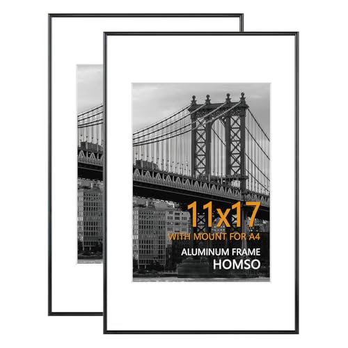 Image of Homso 11 x 17 Frame in Black 2 Packs, Metal Thin Board 11x17 Picture Frame with Acrylic Plexiglass for Pictures A4 with Mat or 11x17 without Mat for Horizontal and Vertical