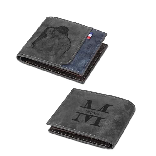 kaululu Cartera Personalizada para Hombre Cartera con Foto con Grabado Alfabeto y Nombres Cartera para Hombre con Cremallera Tarjetero ID Efectivo Cartera para Papá Marido