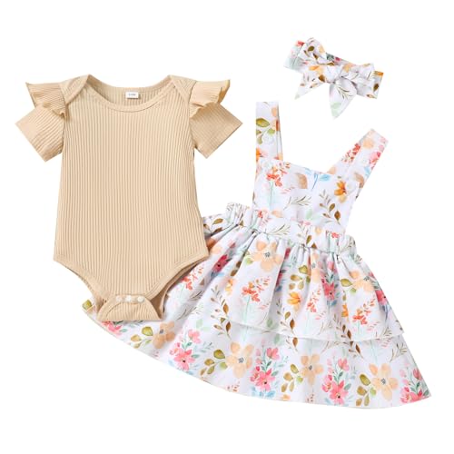 Image of HPSOM Baby Girl Summer Clothes Outfits Short Sleeve Cute Romper Overall Skirt Dress Headband 3PCS Newborn Outfit