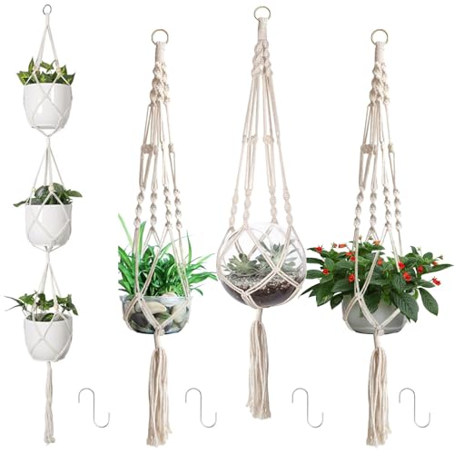 Makramee Blumenampel Hängeampel - 4 Stück Boho Deko Pflanzenauf, Blumenampel hängend Innen, Blumentopf Hängend mit Baumwollseil für Innen Außen Garten Wohnzimmer Balkon Fenster Balkone Wanddekoration