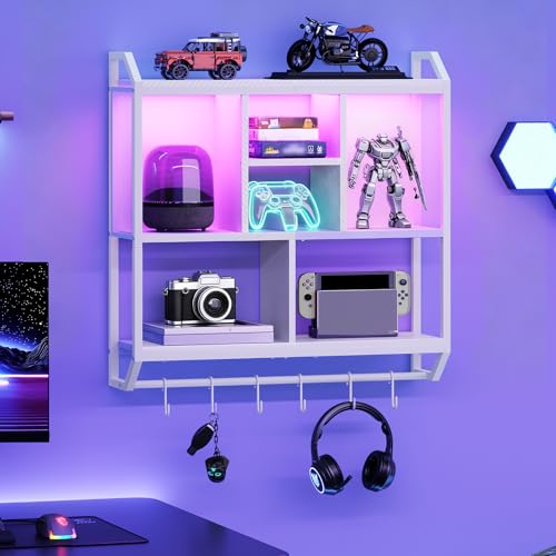 Image of HOOBRO Gaming Floating Shelves with LED Lights, 28.7" LED Wall Mounted Shelf, 3-Tier Display Rack for Wall Storage, Floating Rack with Hanging Rod and 6 S-Hooks, for Gaming Room, White WT70DBJ01