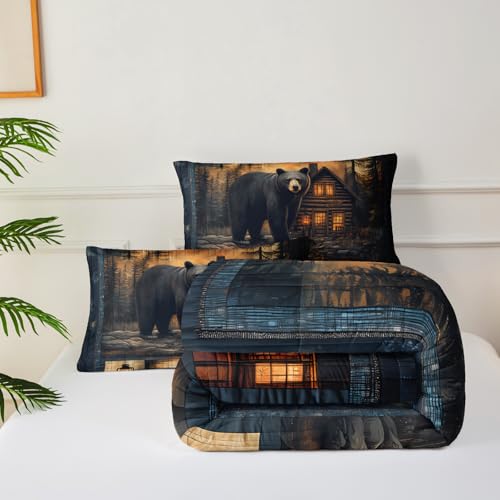 Image of Black Bear Comforter Set Full Size for Boys Kids,Rustic Theme Woodland Cabin Lodge Bear Hunting Bedding Set,Soft Microfiber Wildlife Forest Animals Print Quilt Set
