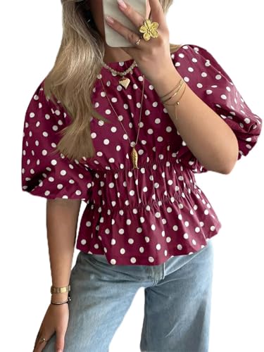 Cicy Bell Womens Polka Dots Peplum Tops Summer Puff Short