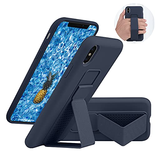 Laudtec Silicone Iphone X/Xs Case With Stand/Kickstand,Vertical And Horizontal Stand Hand Strap Metal Kickstand Case For Iphone X/Xs (Midnight Blue) #TOP3