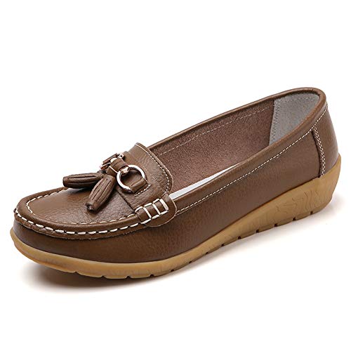 Image of Women Loafers Leather Rubber Sole Slip On Walking Flats Casual Moccasin Boat Shoes