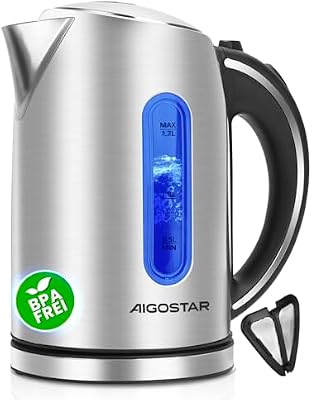 Aigostar Hervidor Agua Electrico de Acero Inox 1,7 Litros - Hervido Rápido Hervidor de Agua Eléctrico 2200W, Ventana Visible con iluminación LED, Tetera electrica Libre de BPA, Filtro, Apagado Auto
