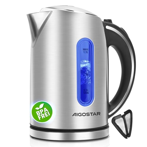 Aigostar Hervidor Agua Electrico de Acero Inox 1,7 Litros   Hervido Rápido Hervidor de Agua Eléctrico 2200W, Ventana Visible con iluminación LED, Tetera electrica Libre de BPA, Filtro, Apagado Auto