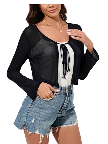Women's Bolero Sheer Shrug Tie Front Crop Cardigan Lightweight Stretch Long Sleeve Summer Cover Up S-2XL2