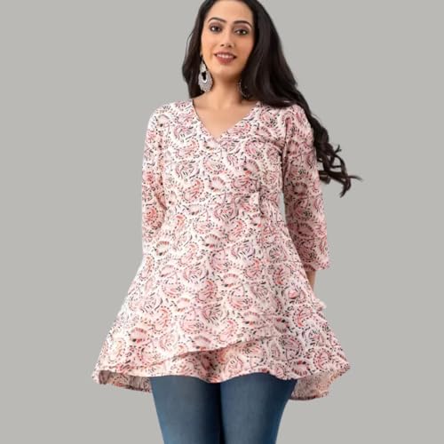 Image of LIVING ROOTS Women /Girls Cotton Angrakha Side Dori V- Neck Casual Short Kurti 3 /4 Sleeve (6041-L) Pink