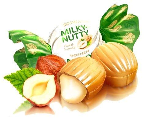 Roshen Milky Nutty Toffee, Hard Toffee with Hazelnut Filling, 300g (10.58oz), Product of Ukraine