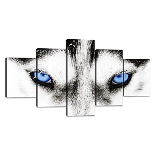 GHTAWXJ 5 delar svartvit husky hund med blå ögon kanvas väggkonst modernt djur