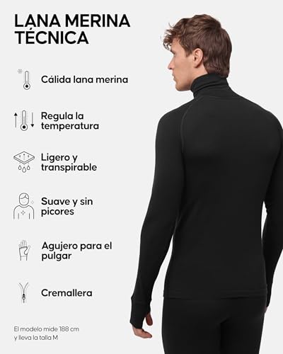 DANISH ENDURANCE Camiseta Térmica Manga Larga para Hombre, Capa Base Lana Merino, con o Sin Cremallera, Negro, L