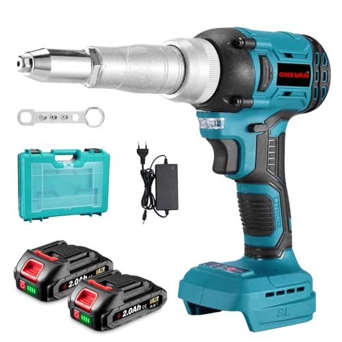 ONEVAN Akku Nietzange, Hublänge 20 mm, 20,000N Nietpistole Bürstenlose Automatischer Elektrische Popnietenzange mit 2 2000mAh Akkus, für Ø2,4-5,0 mm Blindnieten