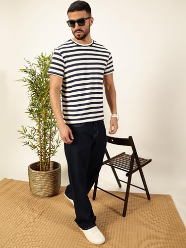 Image of Thomas Scott Men's | Striped | Half Sleeve | Regular Fit | Poly Elastane | Round Neck | Casual Tshirt