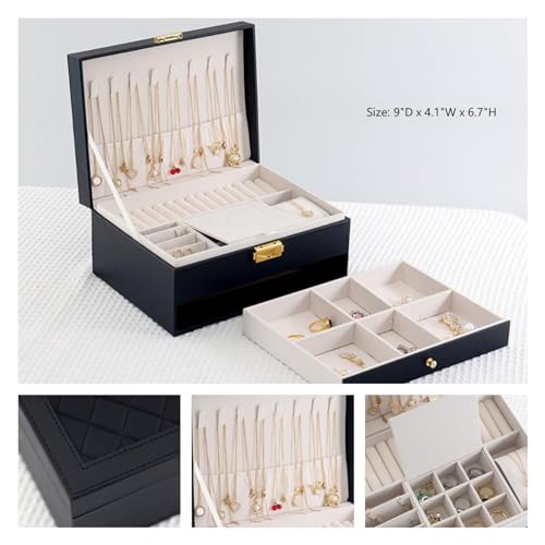 Jewelry Box for Women Girl Wife - Large PU Leather Jewelry Organizer Storage Case with Two Layers Display for Earrings Bracelets Rings Watches (Black)3