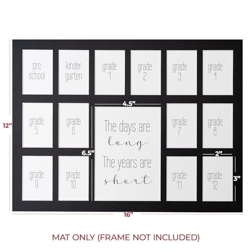 Image of Rustic Red Door Co. 12x16 School Days Picture Mat with Multiple Openings - School Years Photo Collage - No Frame - 1 Pre-School & Kindergarten to 12th Grade (15 Photos, 1PreK - 12th, Black)