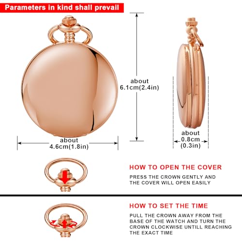 Image of Rose Gold Smooth Pocket Watch Rose Gold Steel Quartz Arabic Numerals with 37cm Chain for Father's Day Xmas Best Gifts