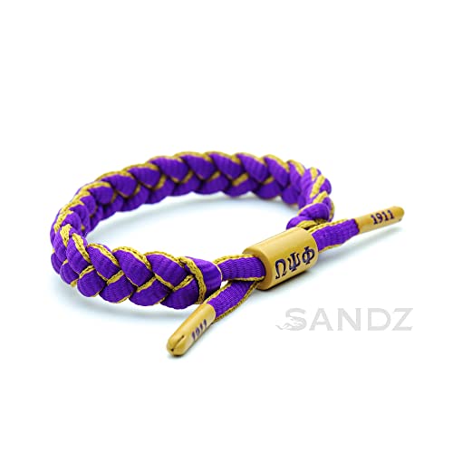 SANDZ Omega Psi Phi Fraternity adjustable wristband bracelet - Greek letters center charm, Purple and Gold paracord, lace tips debossed with founding year 1911, perfect paraphernalia gift!2