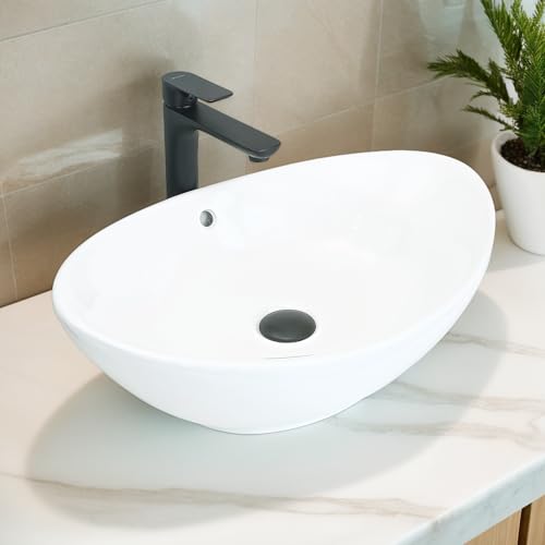 NUESTRA VIDA 23×15.2×7.7 inch Bathroom Vessel Sink, Modern Egg Shape Vanity Sink Above Counter Art Basin with Overflow, Oval Vessel Sink Bowl for Vanity Surface Mounted, Glossy White