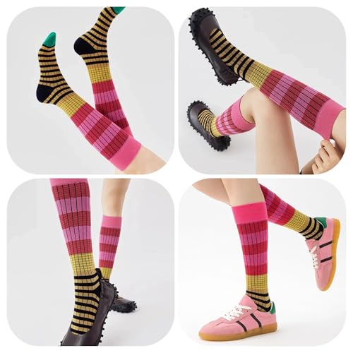 Retro Style Colorful Striped Knee High Socks for Women Soft Cotton Stockings for Sports and Daily Wear4