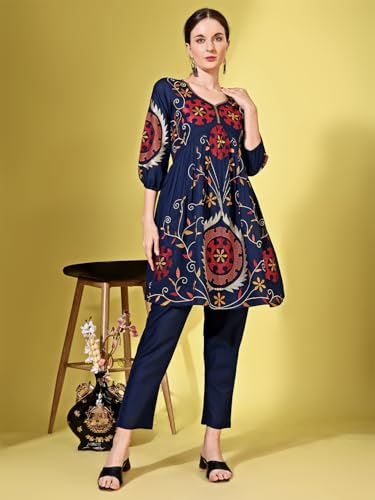 Womanista Women's Pure Cotton Solid Regular Fit Kurta Set (Co-Ords_9145_Navy Blue_S)
