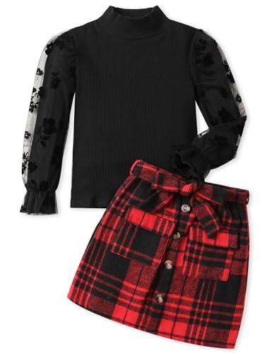 Image of Toddler Girl Clothes Girls Outfits Flare-lace Sleeve Top and Plaid Skirt Dress Fall Winter 2Pcs Girls Clothes 5-12T