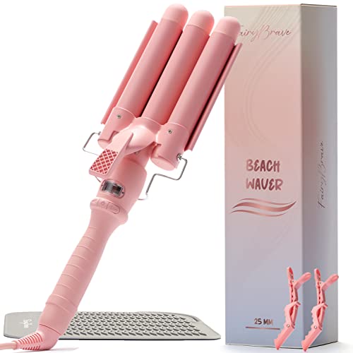 3 Barrel Curling Iron Wand - Triple Hair Waver & Crimper for Beach Waves Set, Ceramic Tourmaline with Adjustable Temperature - Beach Waver, Pink