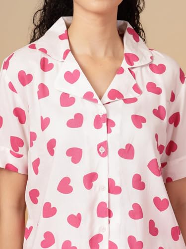Image of Night Suit for Women's| Heart Printed Cotton Night Dress| Half Sleeves Shirt and Pajama Set(White& Red-Xs)