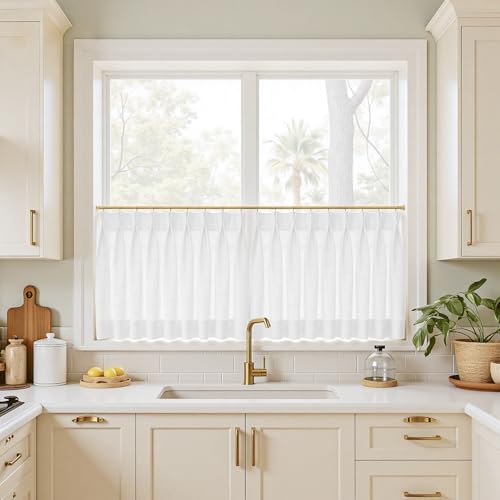 Image of TWOPAGES 26 inch inch W x 18 inch inch L Linen Blend Cafe Curtains for Kitchen Window, Light Filtering Pinch Pleated Tier Curtains, Modern Farmhouse Half Window Curtains for Small Window, Snow White, 2 Panels