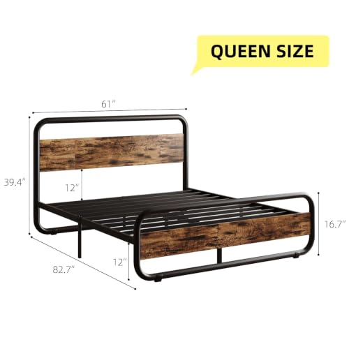 Image of Queen Bed Frame, Metal Platform Queen Bed Frame with Wood Headboard, Brown | RBG LED Lights /Heavy Duty Metal Slats Support /12 in Under-Bed Storage /Noise-Free /No Box Spring Needed /Easy Assembly
