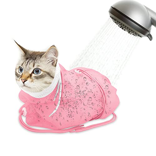 Catcan Cat Bathing Bag Breathable Cat Grooming Bag Anti Scratch Adjustable Cats Shower Washing Bag with Mesh for Nail Trimming