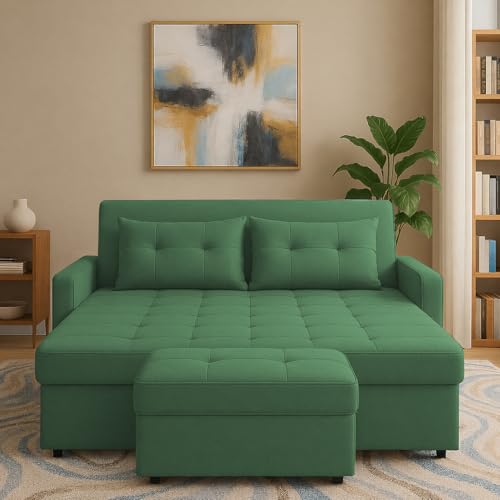 Image of Emilio 2-Seater Sofa Cum Bed for Living Room, Office & Home with Center Table | Premium Fabric Pull-Out Sofa Set with 1 Year Warranty | Space Saving Convertible Sleeper Sofa | Green Colour