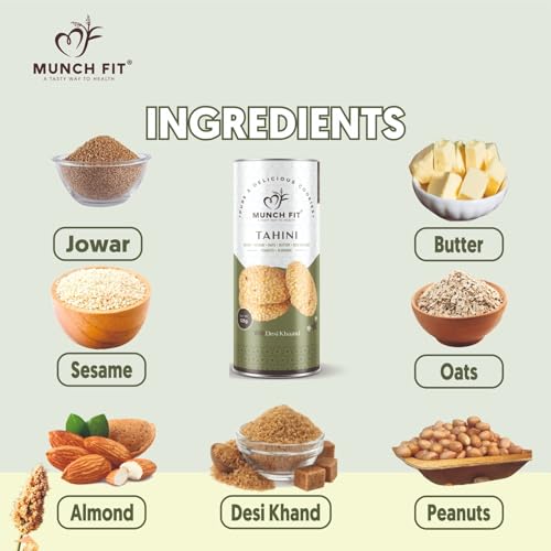 Image of Munch Fit Jowar Sesame Oats Tahini Cookies | Egg Less Cookies Made with Desi Khand 125gm Pack of 2 | Healthy Multigrain Cookies | High Protein, Fiber Gluten Free | Natural Snack for Tea, Coffee & Kids