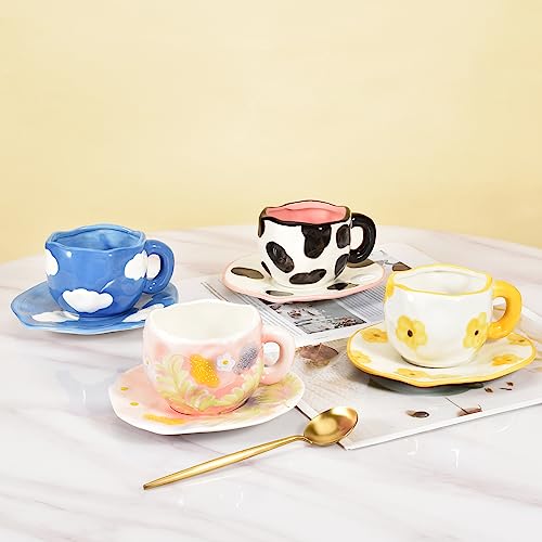 Image of Koythin 10oz Ceramic Mug With Saucer, Dark Blue Sky White Cloud Latte Cup