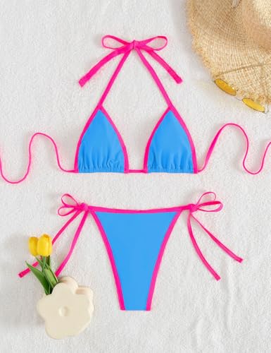 Image of Tainehs Women's Sexy Halter Thong Bikini Tie Two Sides Bottom Triangle Bikini Swimsuits