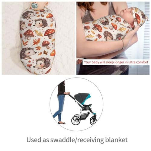 Image of Baby Cute Hedgehog Mushrooms Newborn Swaddle Blankets Hat Sets Soft Baby Receiving Blanket Swaddle Sack for Baby Shower Infant Boy Girl Gift