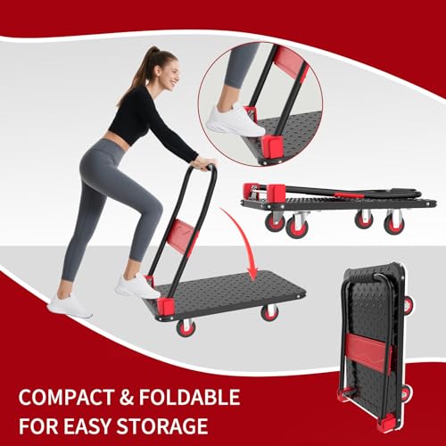 Foldable Push Cart Dolly, 330lbs Flat Bed Carts with Wheels & Anti-Collision Strips, Heavy Duty Platform Truck for Household Tasks, Moving, 360° TPR Mute Wheels for Easy Maneuver, Black Red by DIAMONDFORGE - Image 4